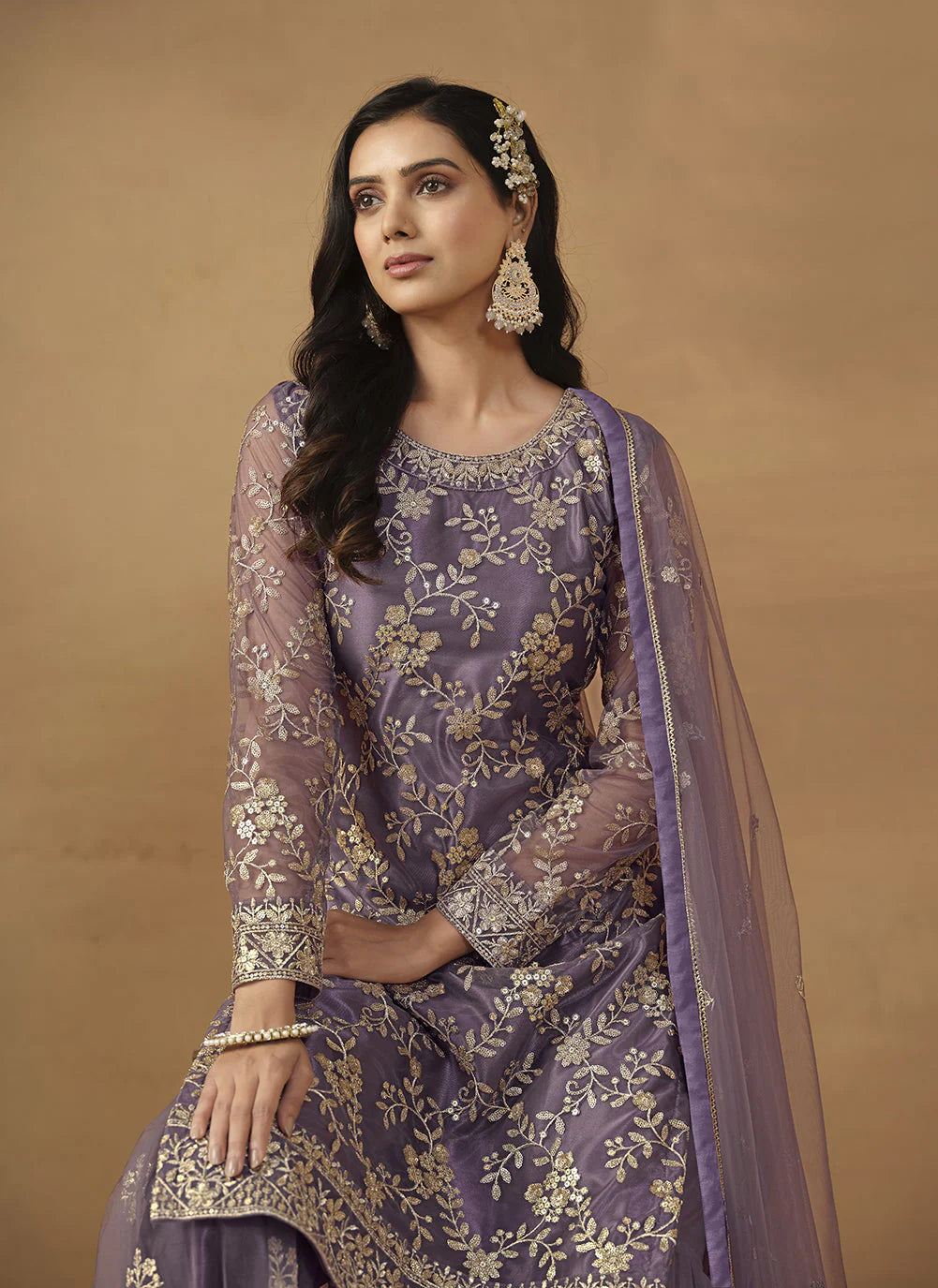Lavender color net sharara suit online shopping