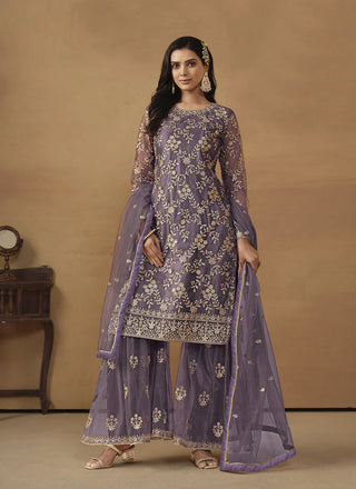 Lavender color net sharara suit images