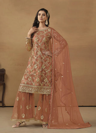 Brown color net sequins work sharara suit for women
