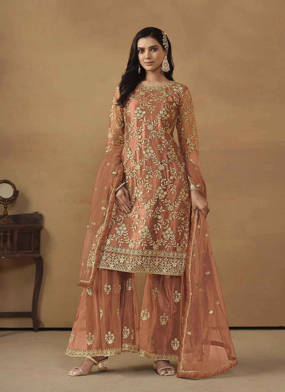 Brown color net sequins work sharara suit images
