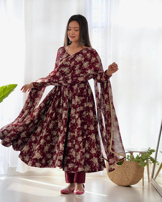 Long maroon georgette gown for women
