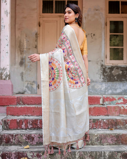 Ivory color banarasi silk saree for wedding
