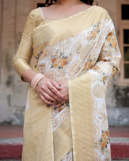 Ivory color banarasi silk saree with blouse online shopping