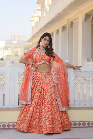 Orange Color Viscose Jacquard lehenga choli images 