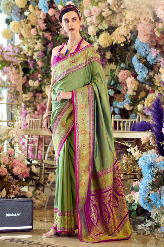 Green color banarasi silk weaving saree for women