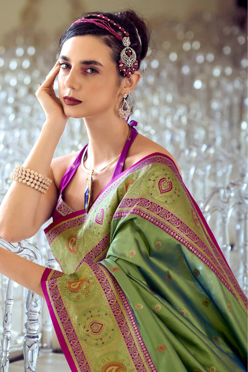 Green color banarasi silk weaving saree with blouse images