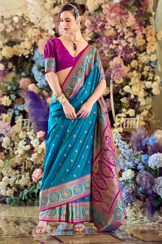 Rama color banarasi silk saree for women online
