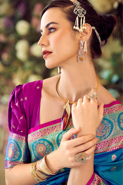Rama color banarasi silk saree with blouse design 