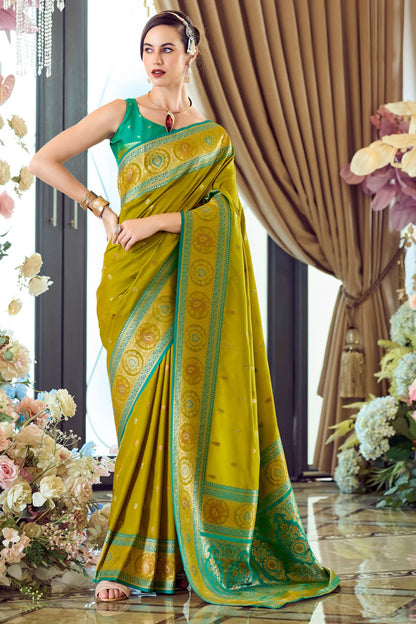 Mustard color banarasi silk saree for women