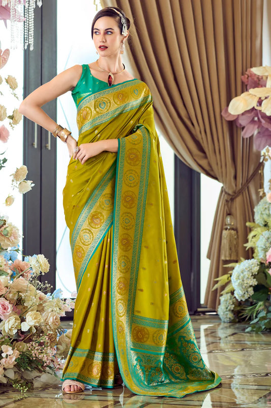 Mustard color banarasi silk saree for women