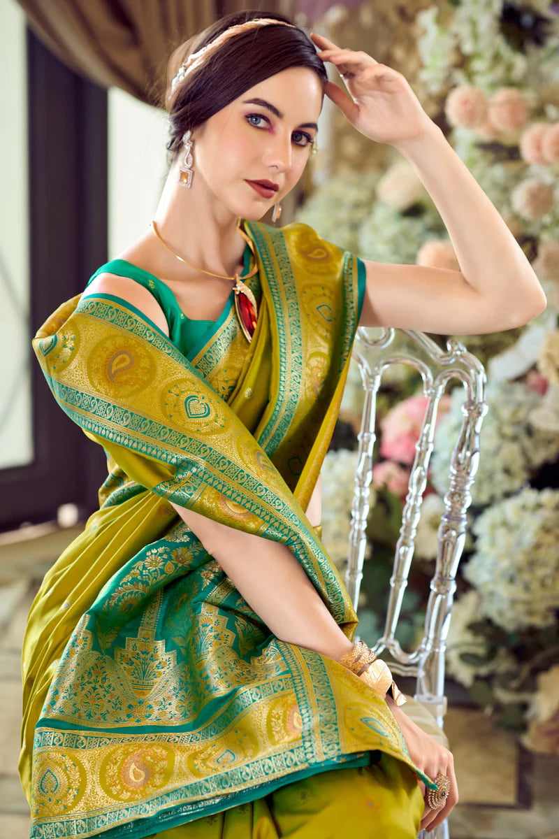 Mustard color banarasi silk saree with blouse images