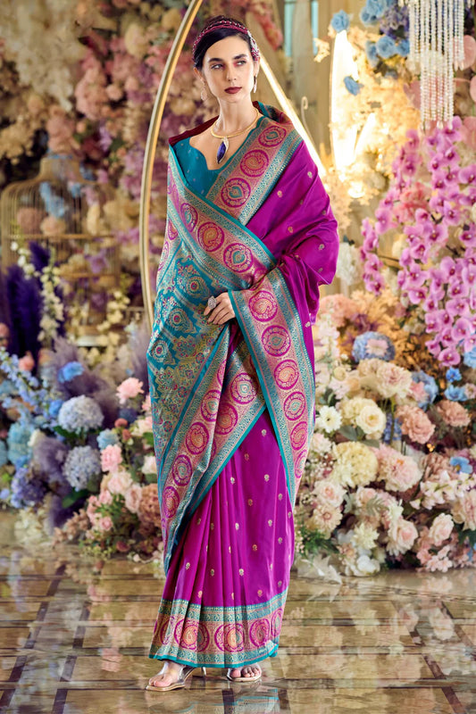 Rani pink color banarasi silk saree for women online
