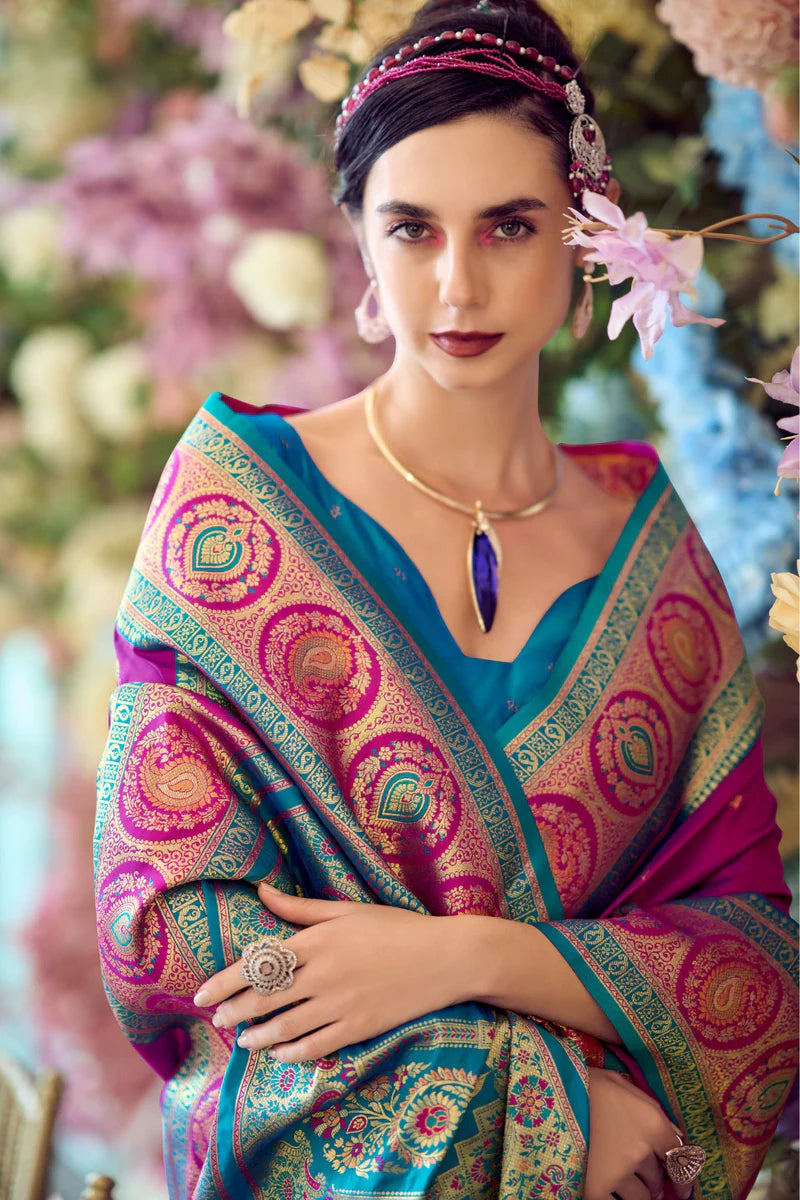Rani pink color banarasi silk saree with blouse
