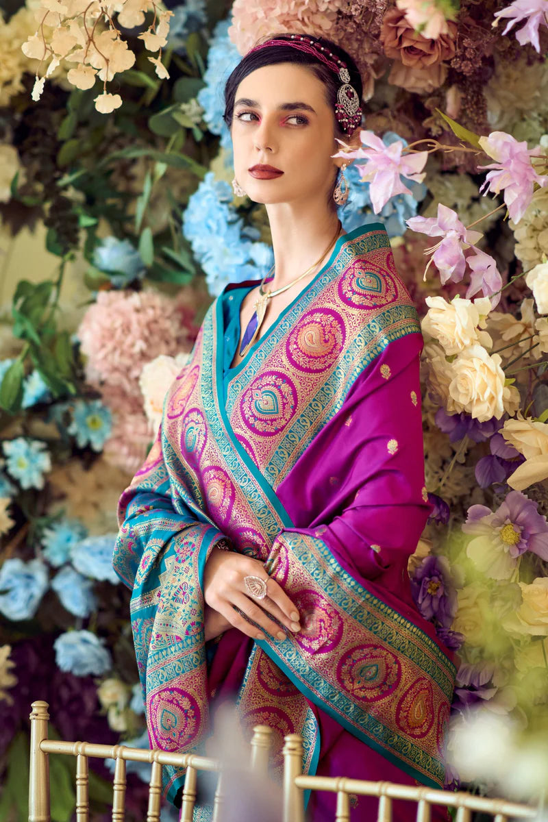 Rani pink color banarasi silk saree for wedding images