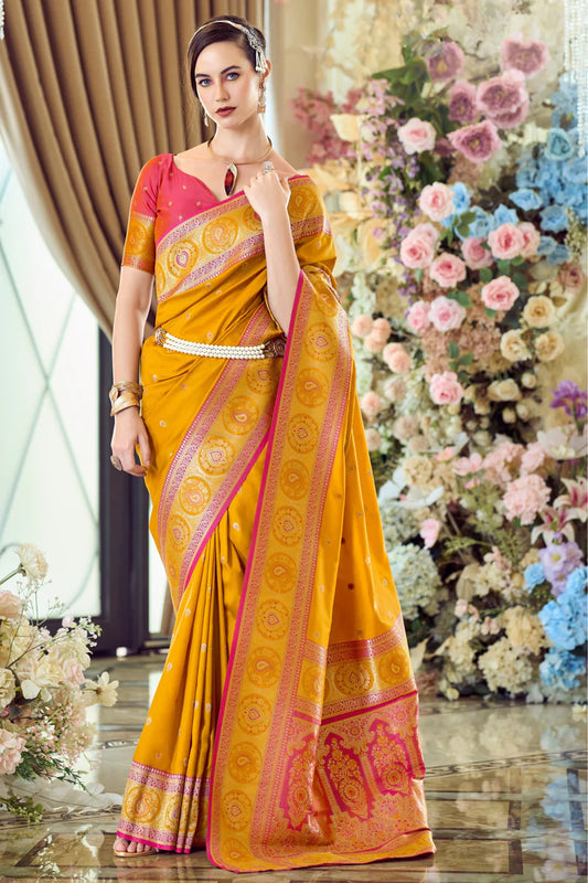 Yellow banarasi silk saree for women