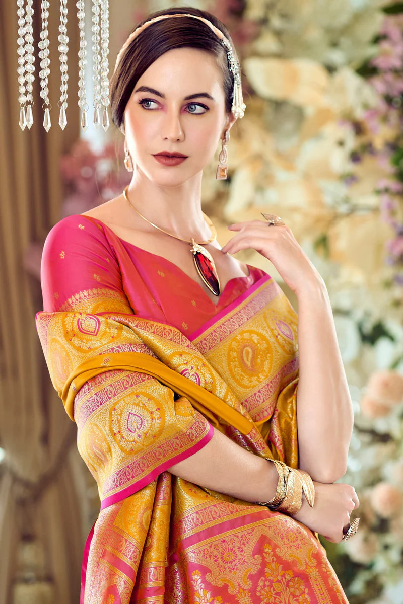 Yellow color banarasi silk saree for wedding