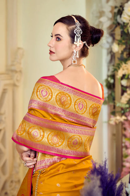 Yellow color banarasi silk saree for party