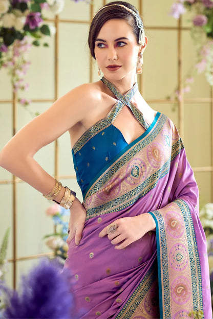 Purple color banarasi silk saree online shopping