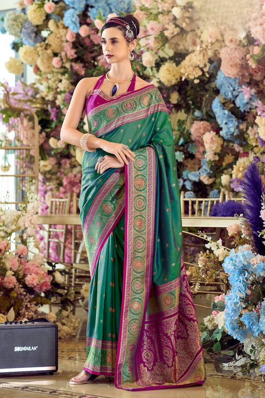 Bottle green color banarasi silk saree for women