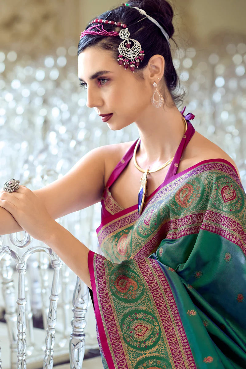 Wedding Bottle green color banarasi silk saree with blouse images