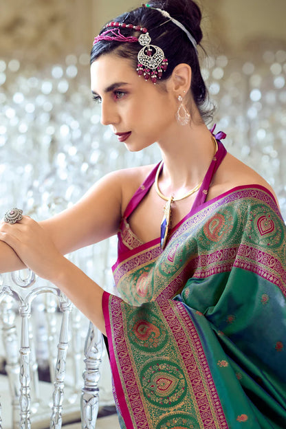 Wedding Bottle green color banarasi silk saree with blouse images