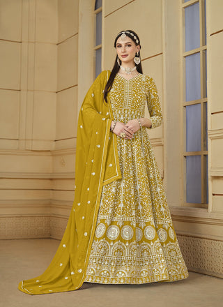 Long sleeve mustard georgette gown for women
