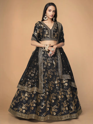 slub silk black lehenga for reception