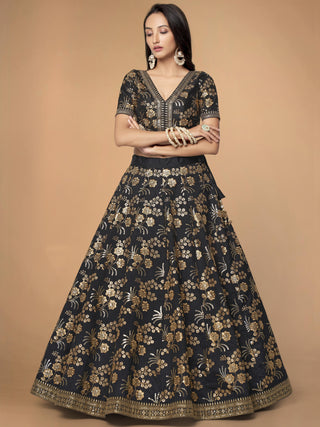 slub silk black lehenga for engagement ceremony