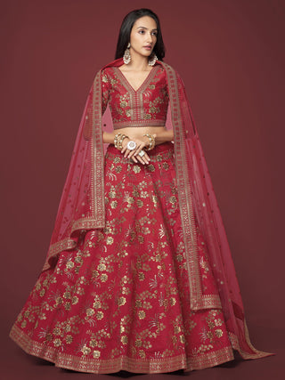 slub silk Red lehenga