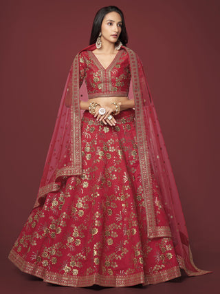 slub silk red lehenga for reception ceremony