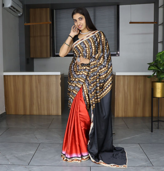 Orange color japan satin saree for women online
