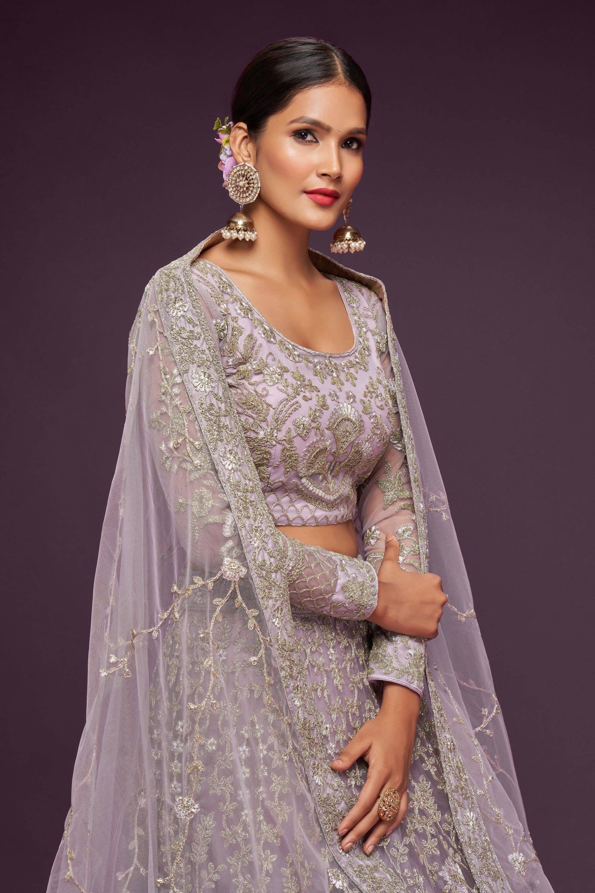 simple soft net dusky orchid lehenga