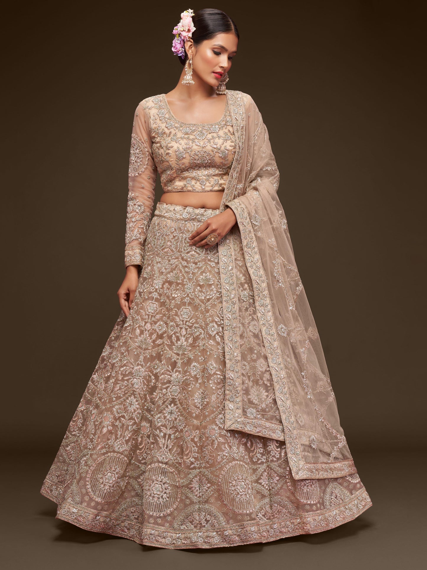 soft net royal beige lehenga wedding look