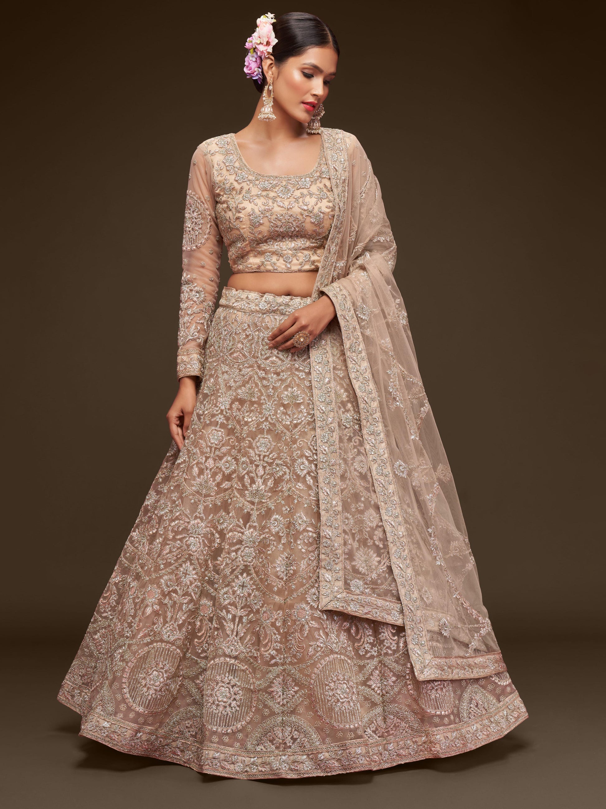soft net royal beige lehenga wedding look