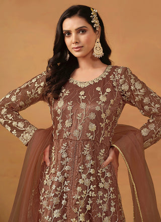 Fancy work brown salwar suit with online shopping