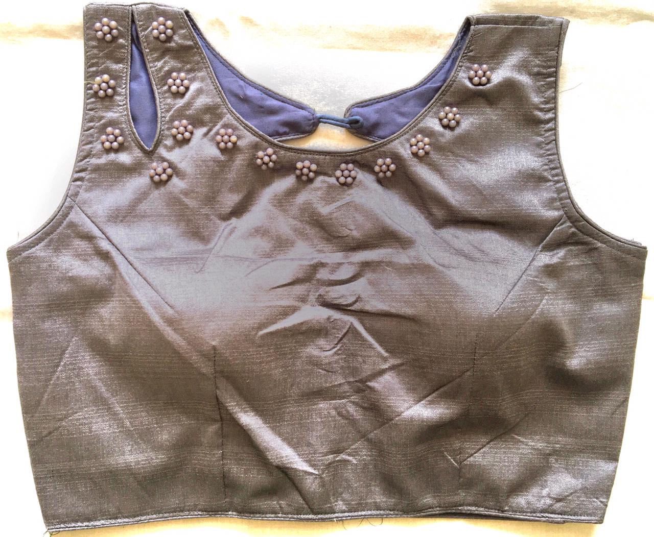 Grey color phantom silk moti work blouse for party