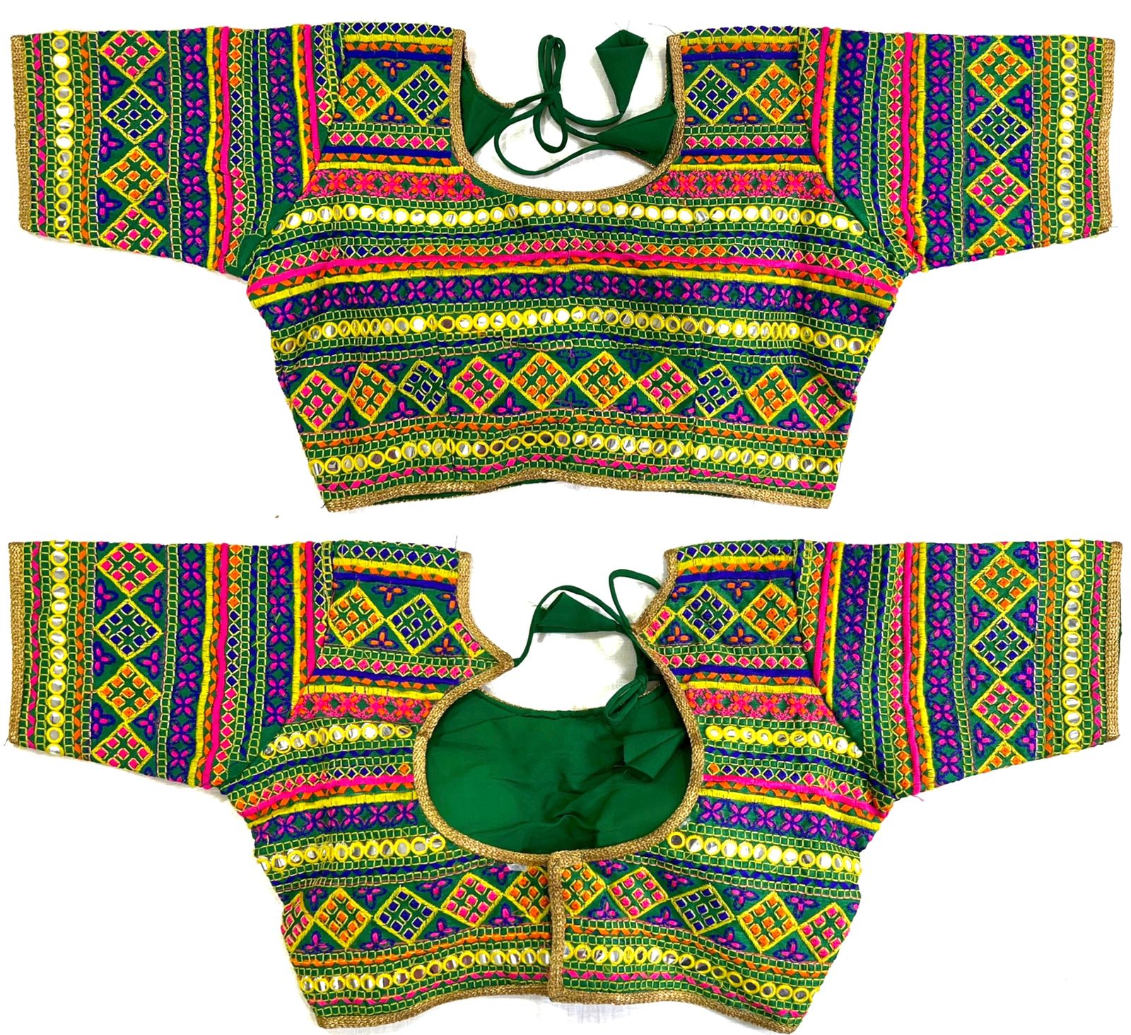Green color silk mirror work blouse for women