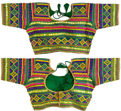 Green color silk mirror work blouse for women