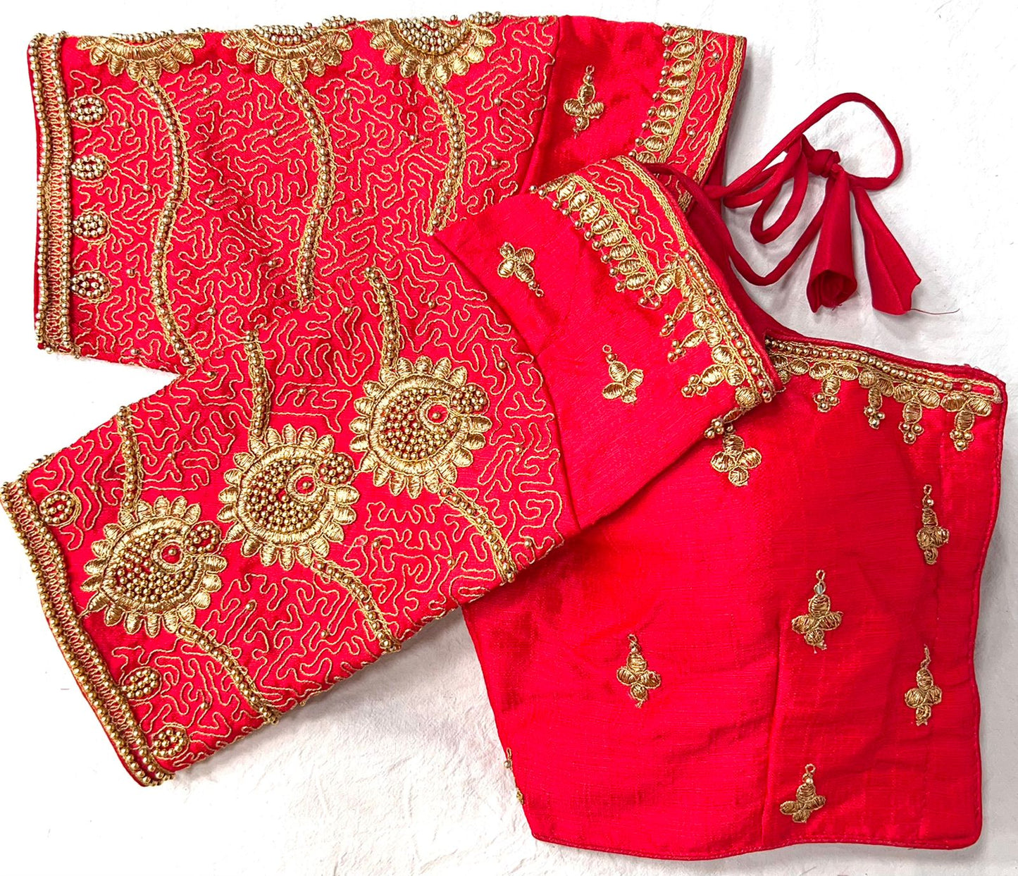 Red color silk embroidery work blouse design