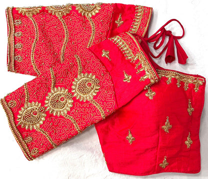 Red color silk embroidery work blouse design