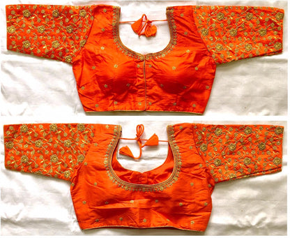 Orange color phantom silk Sequins work sarees blouse images