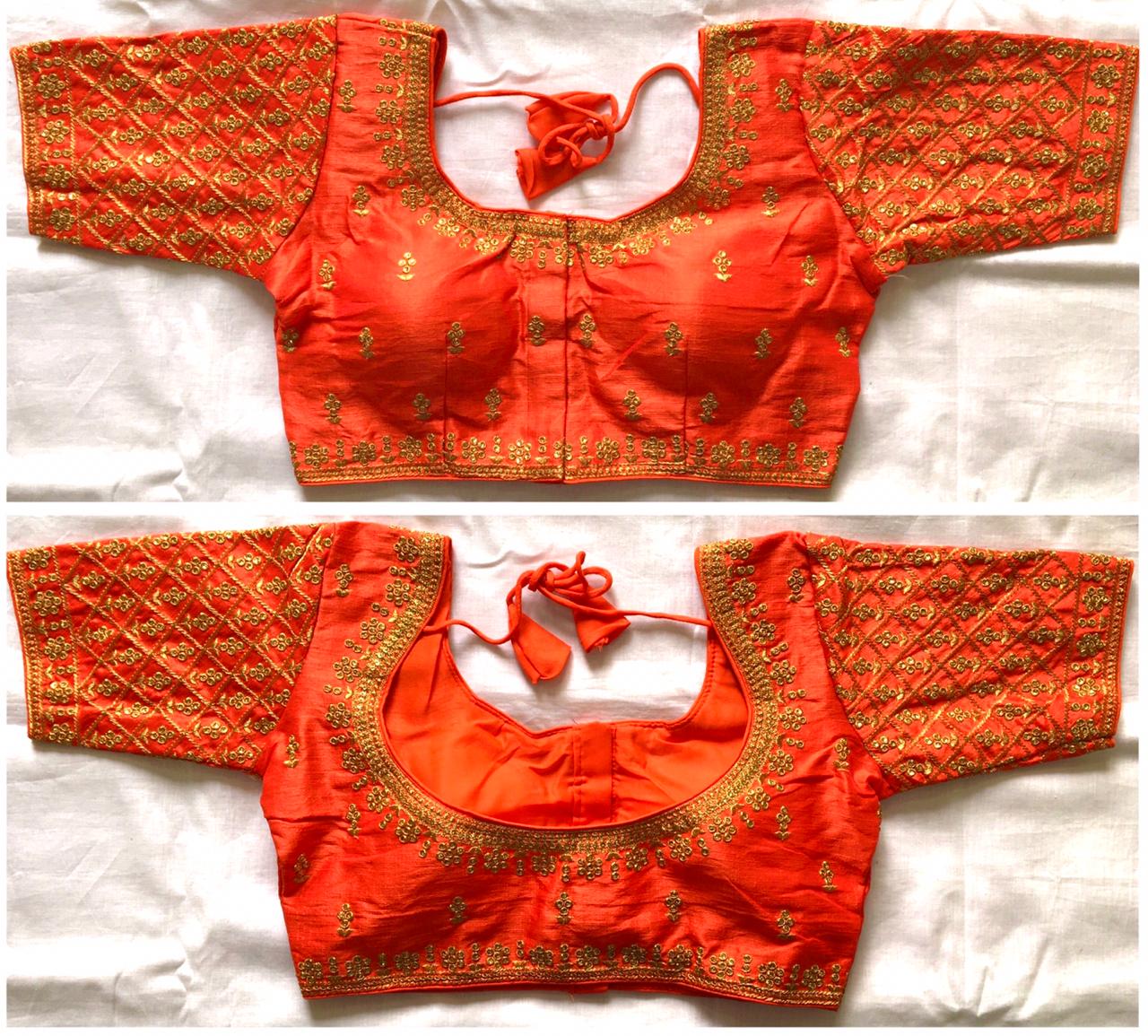 Orange color sequins work sarees blouse for women