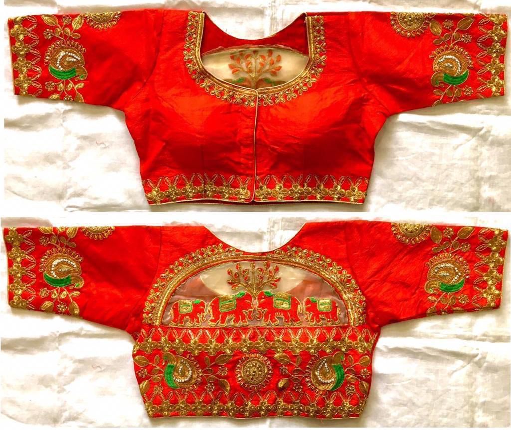 Red color malbari silk embroidery work blouse online shopping