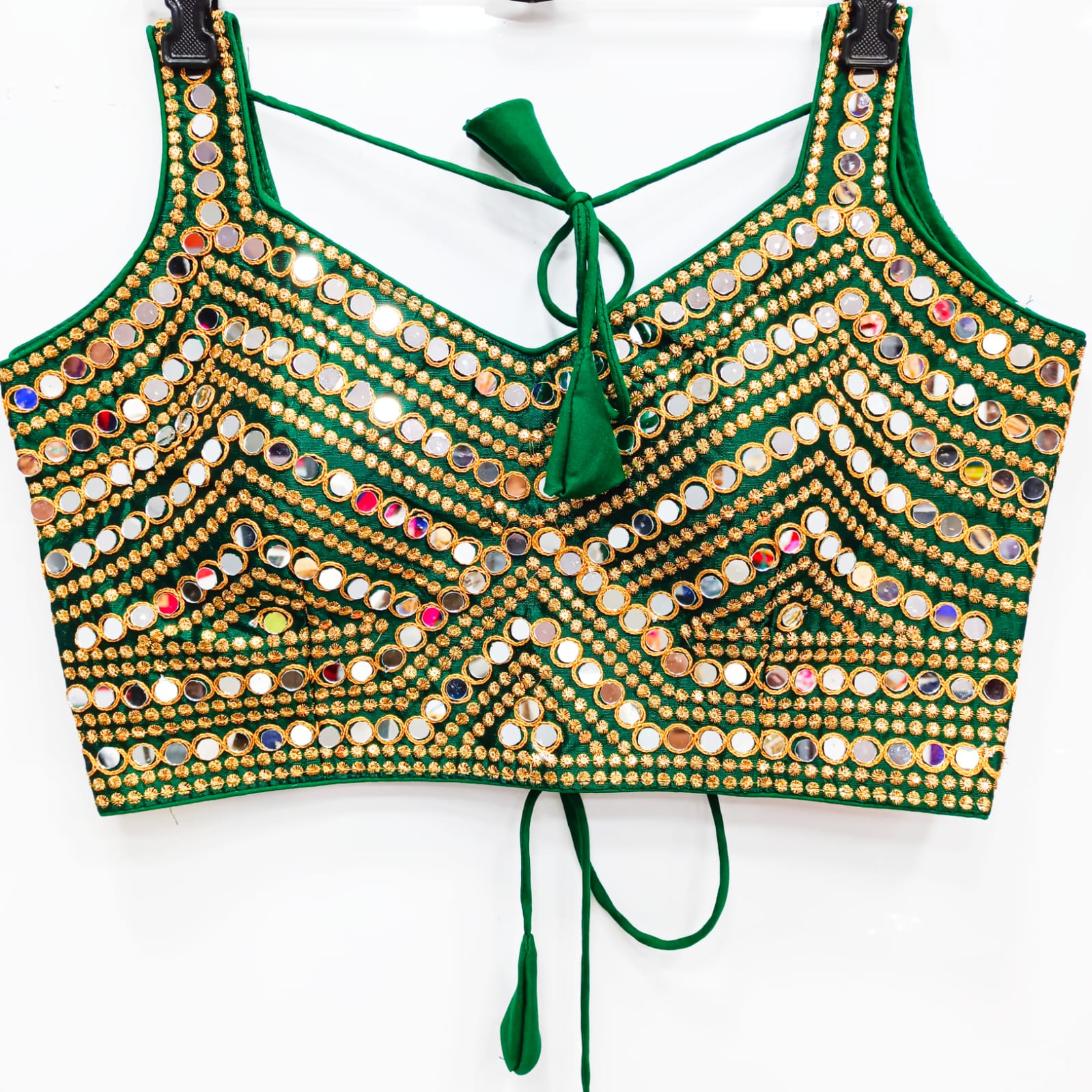Green color silk embroidery work mirror work blouse 