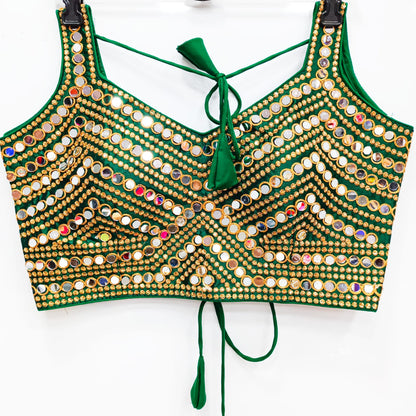 Green color silk embroidery work mirror work blouse 