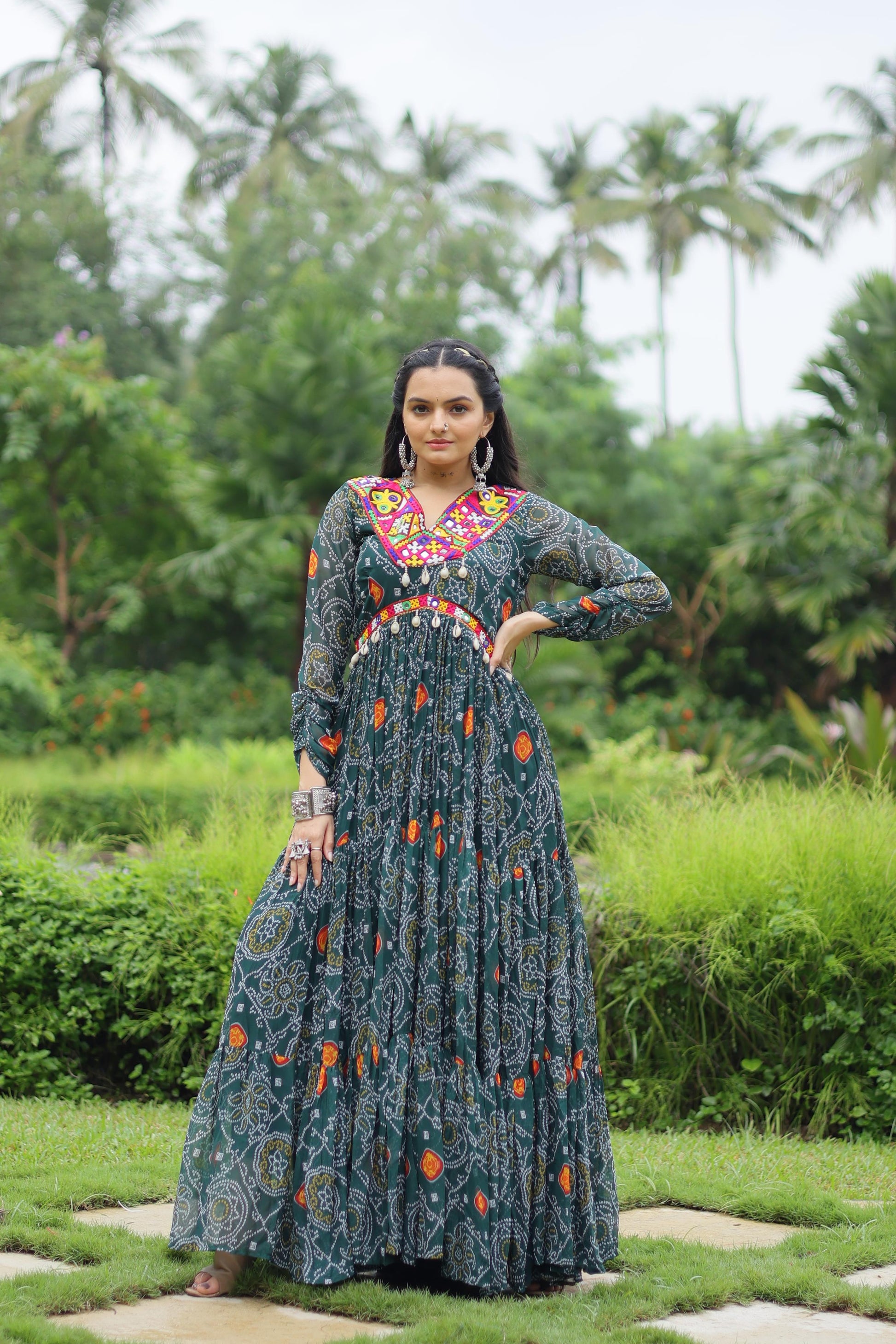 Green Navratri Festival Georgette Bandhani Printed Gown Ragthm Green Navratri Festival Georgette Bandhani Printed Gown Ragthm