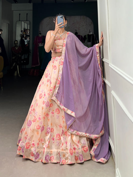 Peach color tussar silk lehenga choli for wedding