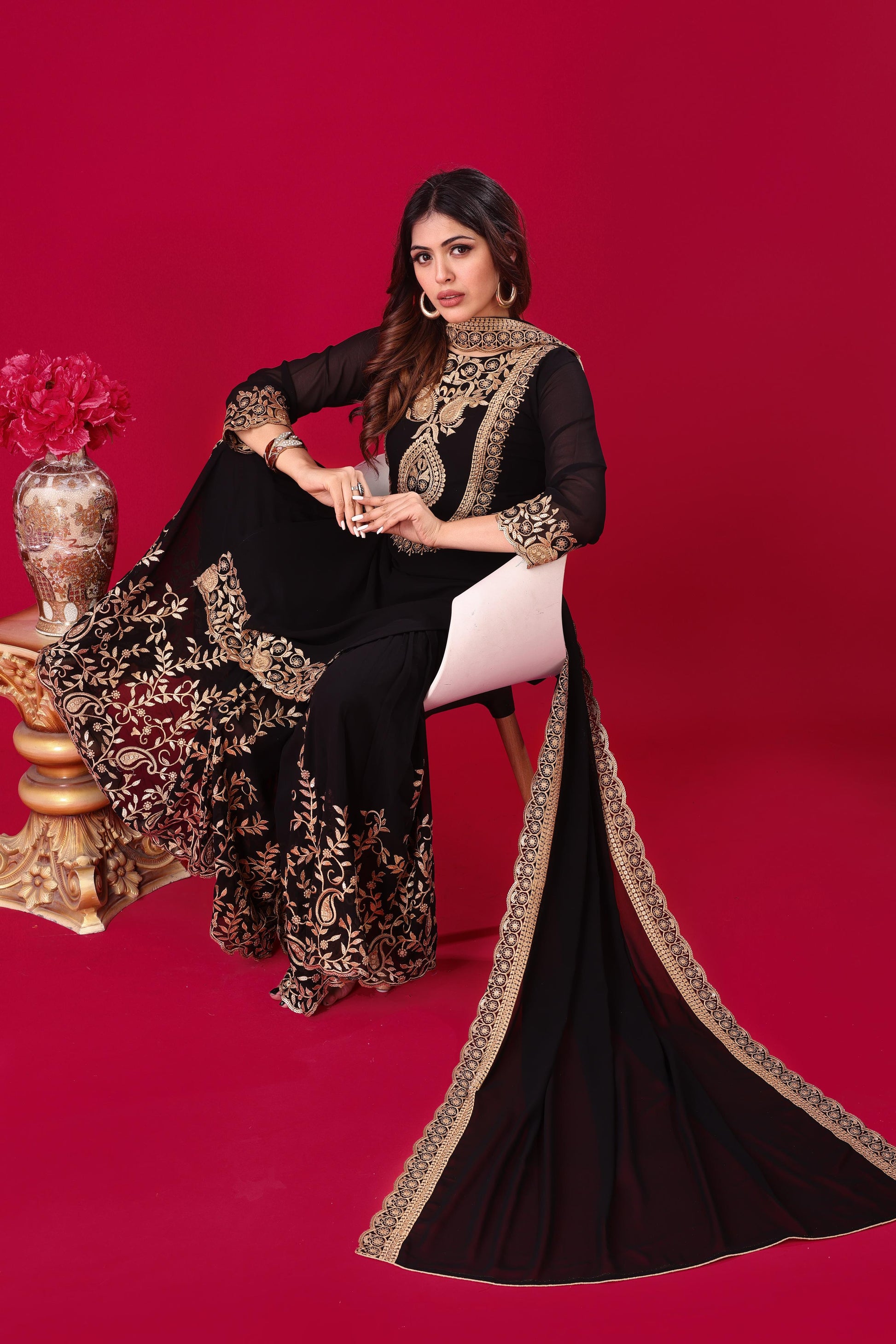 Black color georgette sharara suit with dupatta price