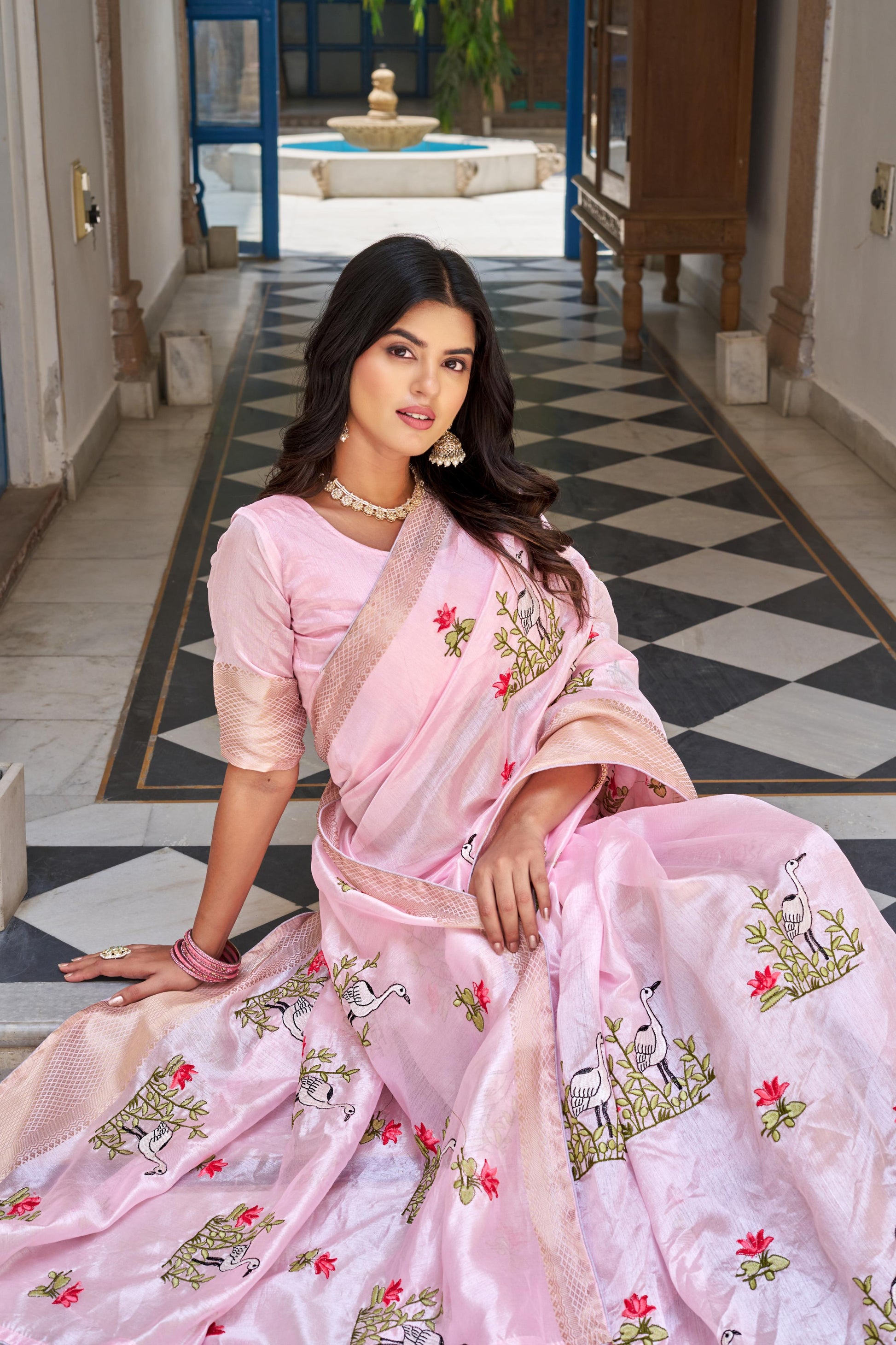 Pink color kota crystal saree with online shopping