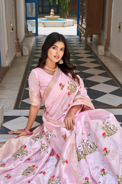Pink color kota crystal saree with online shopping